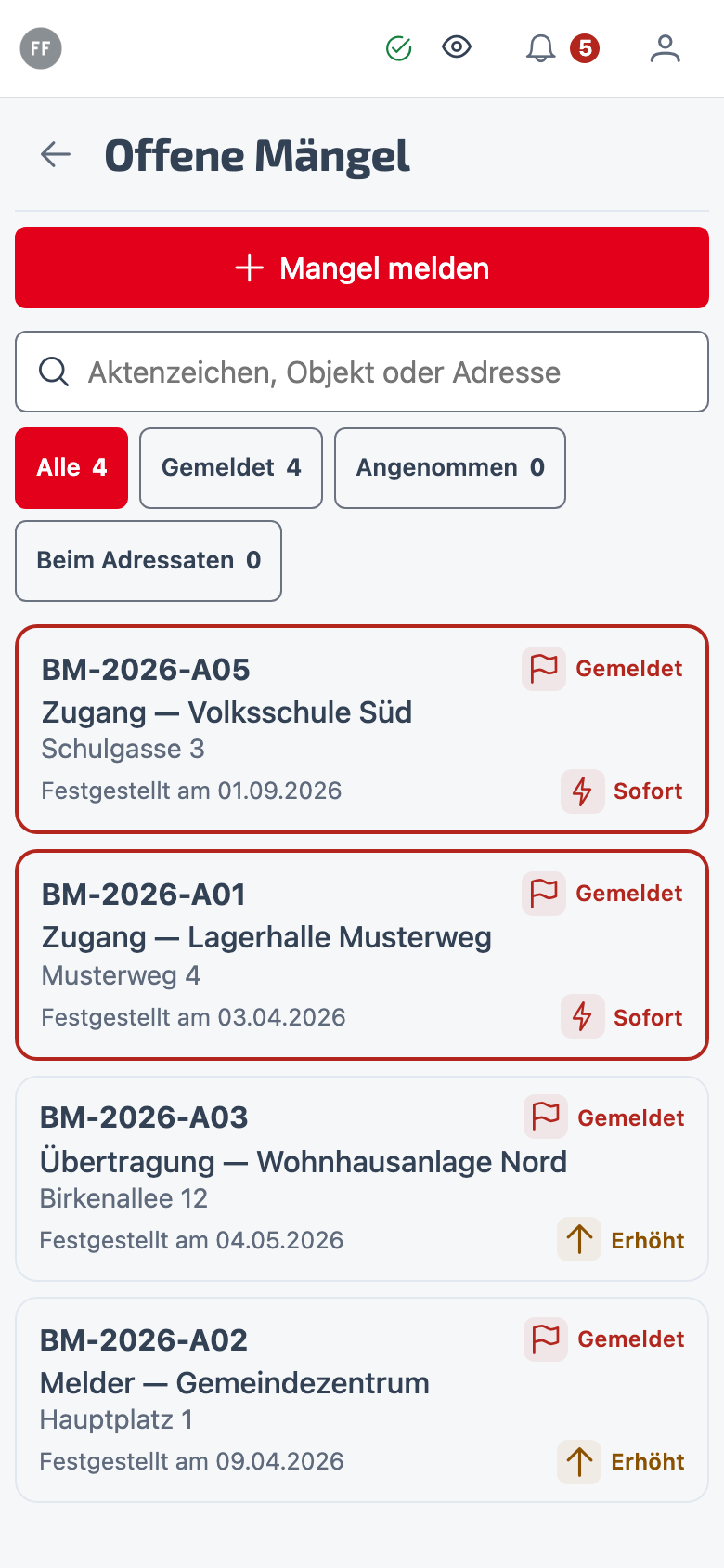 Offene Mängel – Mängel je Objekt mit Art, Dringlichkeit und Stand — gemeldet am Handy statt in einer WhatsApp-Gruppe.