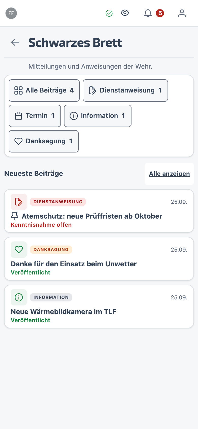 Schwarzes Brett – Mitteilungen nach Kategorie — eine Dienstanweisung zeigt, dass die Kenntnisnahme noch offen ist.