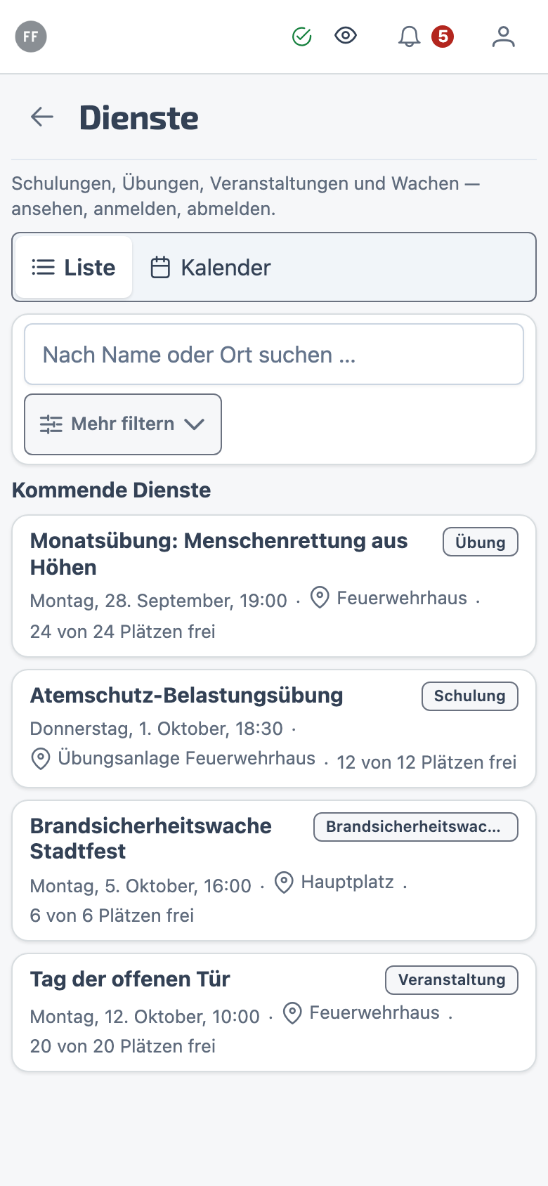 Dienste in der App – Kommende und vergangene Übungen mit freien Plätzen, Anmeldeschluss und Teilen-Knopf — direkt vom Dienst, nicht aus einem Screenshot.
