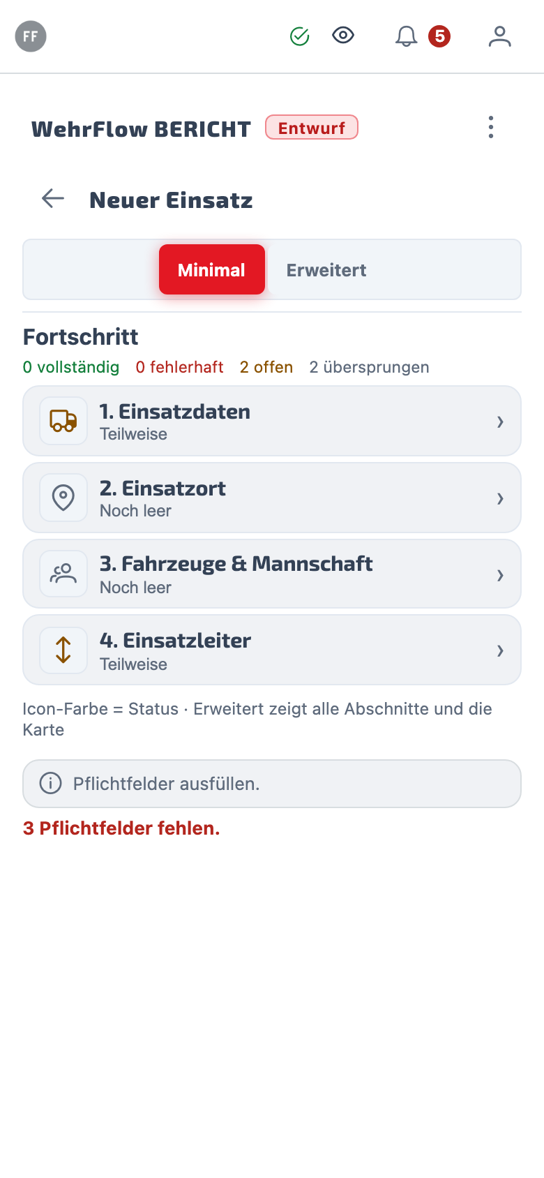 Das Formular in Abschnitten – Oben die Fortschrittsleiste mit den Abschnitten und den drei Zählern — vollständig, fehlerhaft, übersprungen. Sie bleibt beim Scrollen stehen, und ein Tipper führt direkt zum fehlenden Feld. Der rote Stern sitzt an genau den Feldern, die zum Abschließen nötig sind; ein Entwurf darf sie leer lassen.