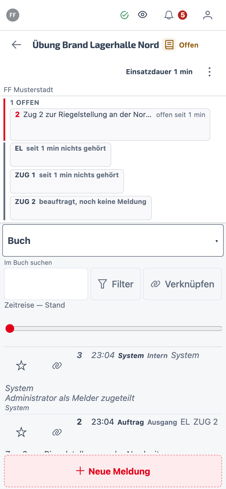 Im laufenden Buch – Oben offene Vorgänge und Rückmeldeuhr, darunter die Zeilen, unten die Eingabemaske — Von/An, Art, Enter zum Eintragen.