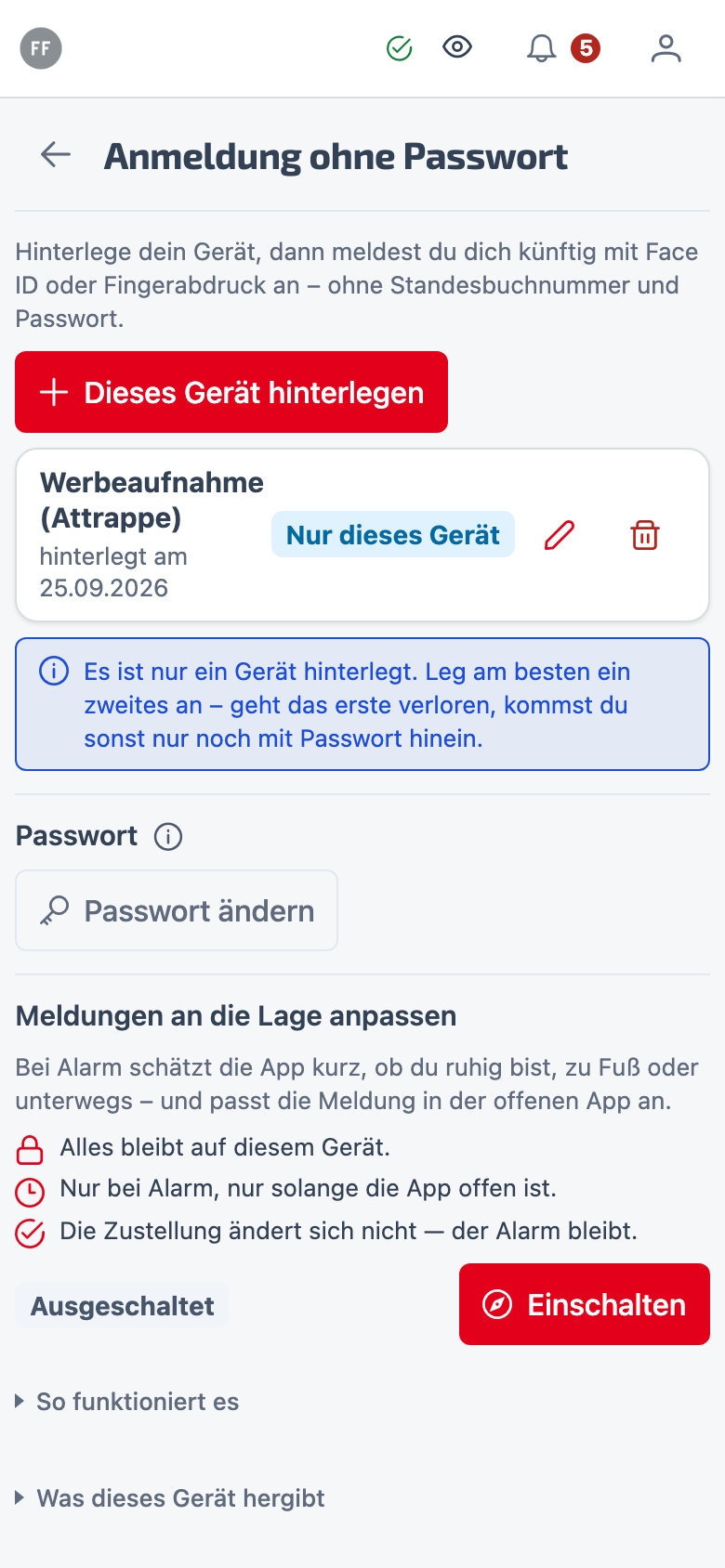 Zugang und Sicherheit – Passkey einrichten, Einmalkennwort, Passwort ändern — alles hinter dem Schild-Symbol statt verteilt über die App. Der geheime Teil des Passkeys verlässt das Gerät nie.