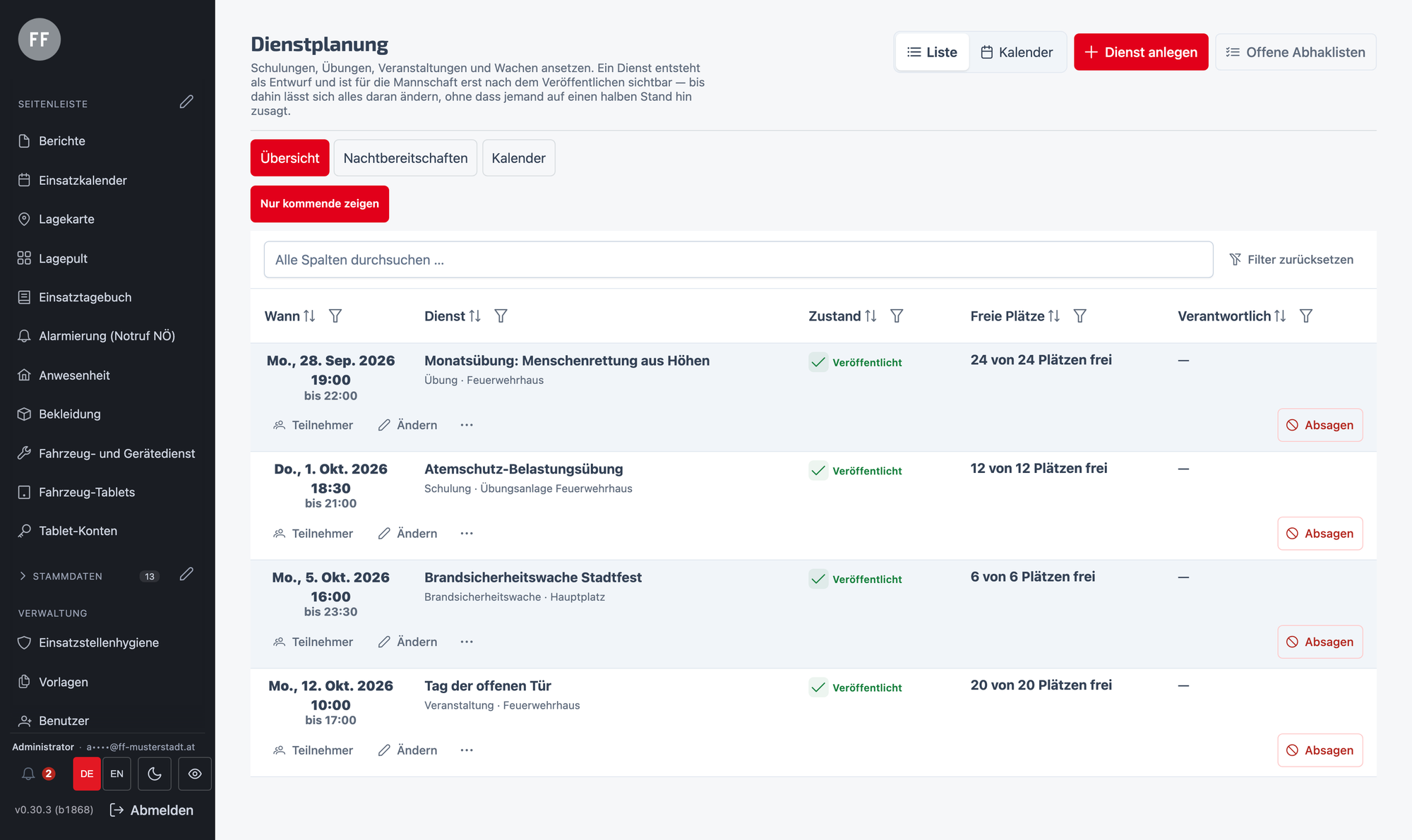 Dienstplanung im Portal – Übungen und Schulungen mit Anmeldeschluss, Fahrzeugzuordnung und Stationsaufteilung — veröffentlicht oder als Entwurf, bis alles stimmt.