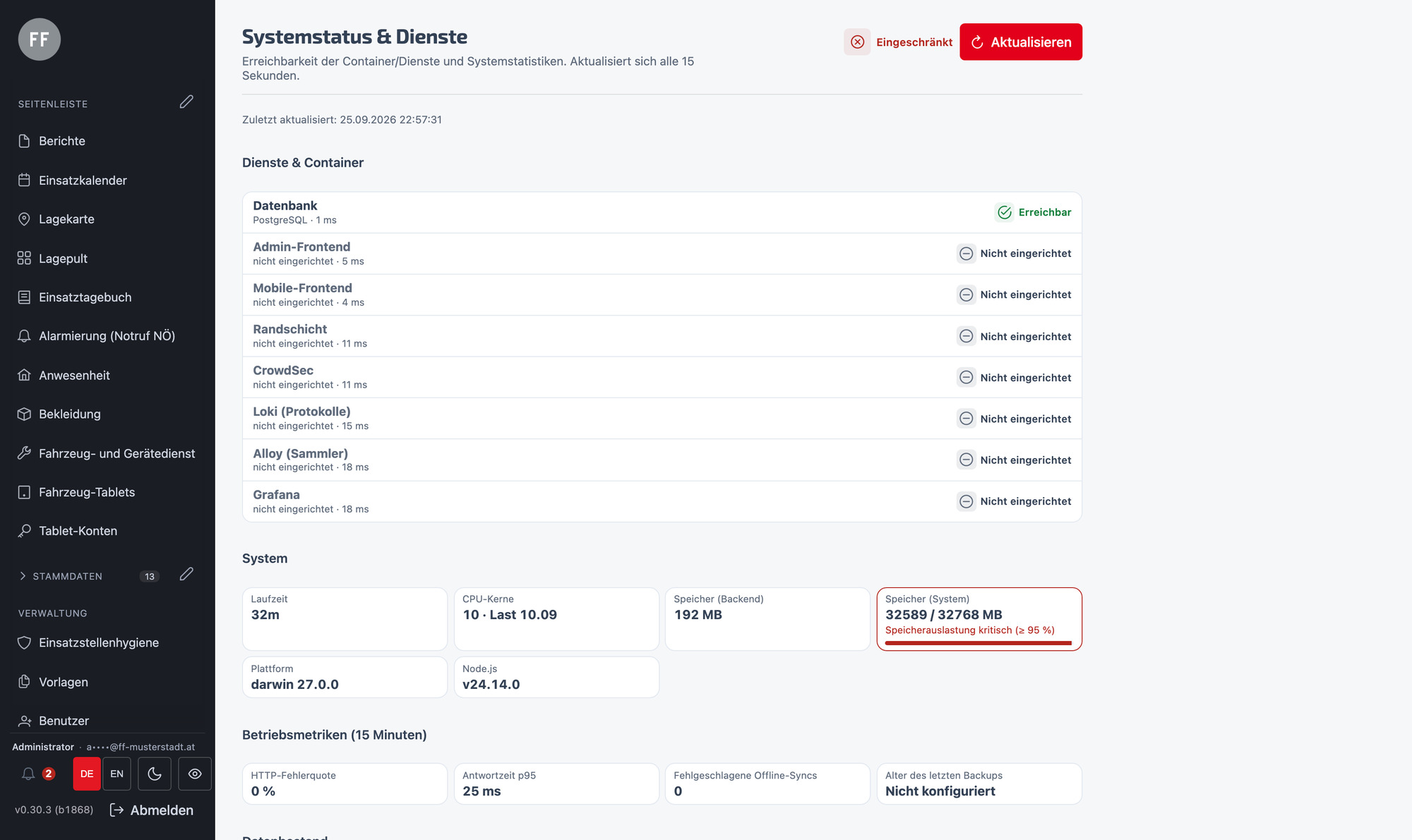 Systemstatus – Datenbank, Speicher, Version und Schnittstellen auf einen Blick — damit der IT-Beauftragte sieht, ob die Anlage gesund ist, ohne auf die Konsole zu gehen.